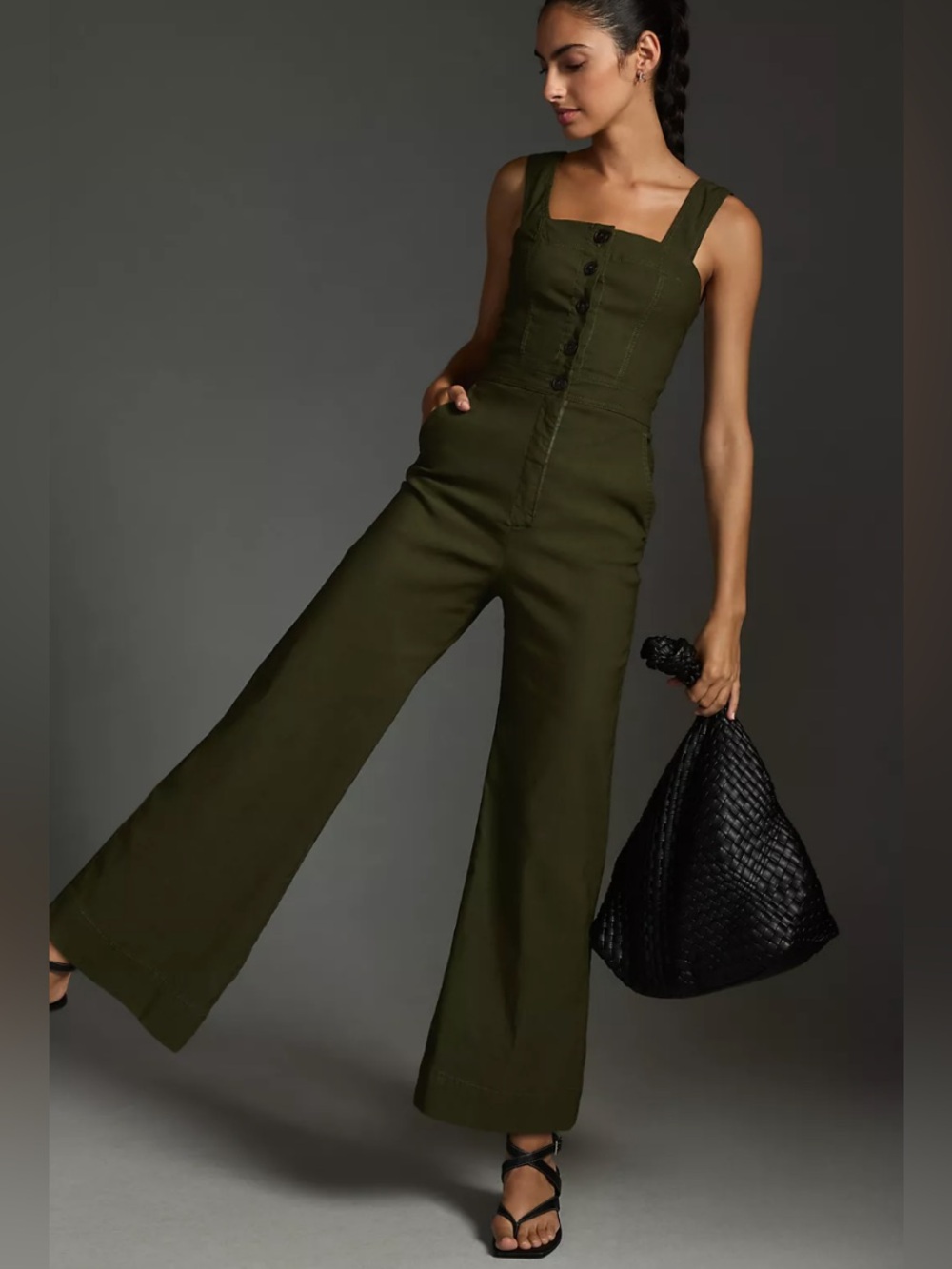 Maeve Collette Cropped Wide Leg Jumpsuit Olive Green Utility Linen Blend Sz 14